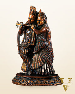 Intricate Lightweight Brass Radha Krishna Idol - 5" chola brown tone