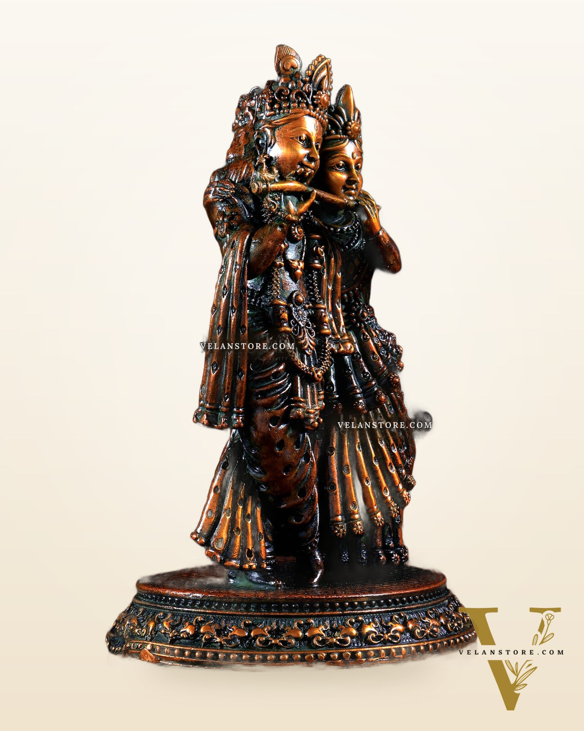 Intricate Lightweight Brass Radha Krishna Idol - 5" chola brown tone