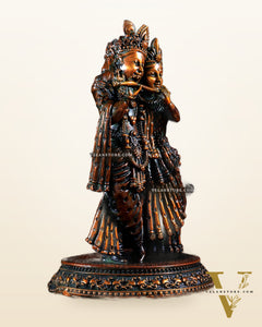 Intricate Lightweight Brass Radha Krishna Idol - 5" chola brown tone