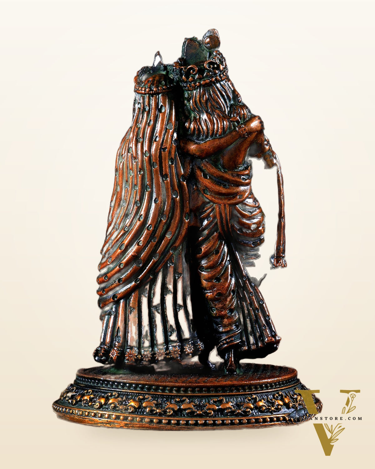 Intricate Lightweight Brass Radha Krishna Idol - 5" chola brown tone