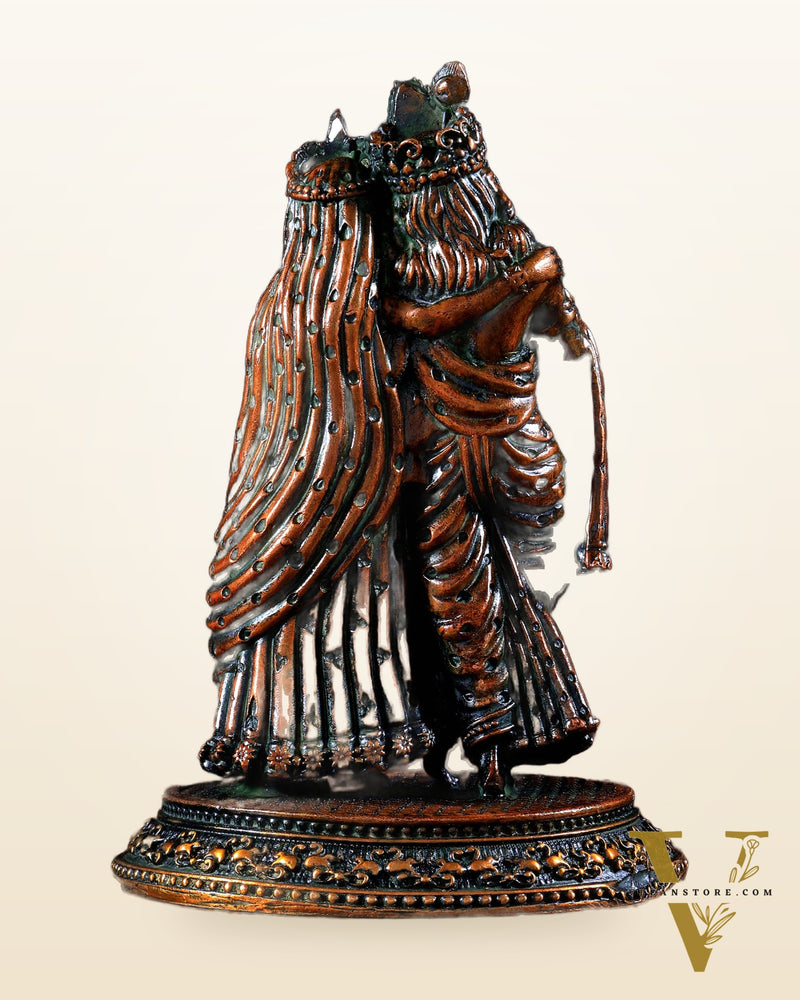 Intricate Lightweight Brass Radha Krishna Idol - 5" chola brown tone