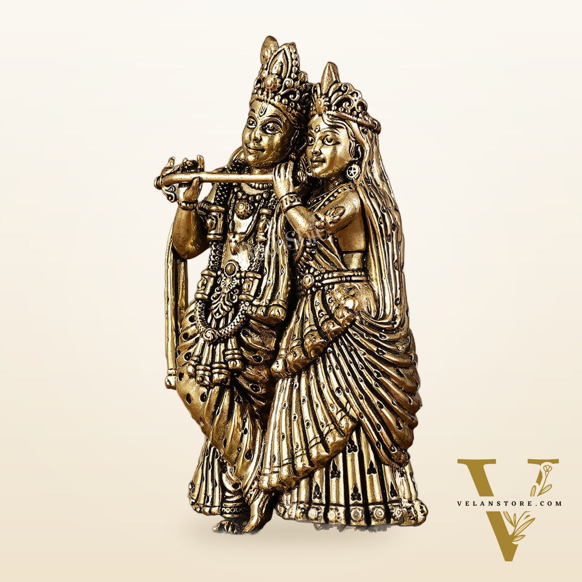Intricate Lightweight Brass Radha Krishna Idol - 5"