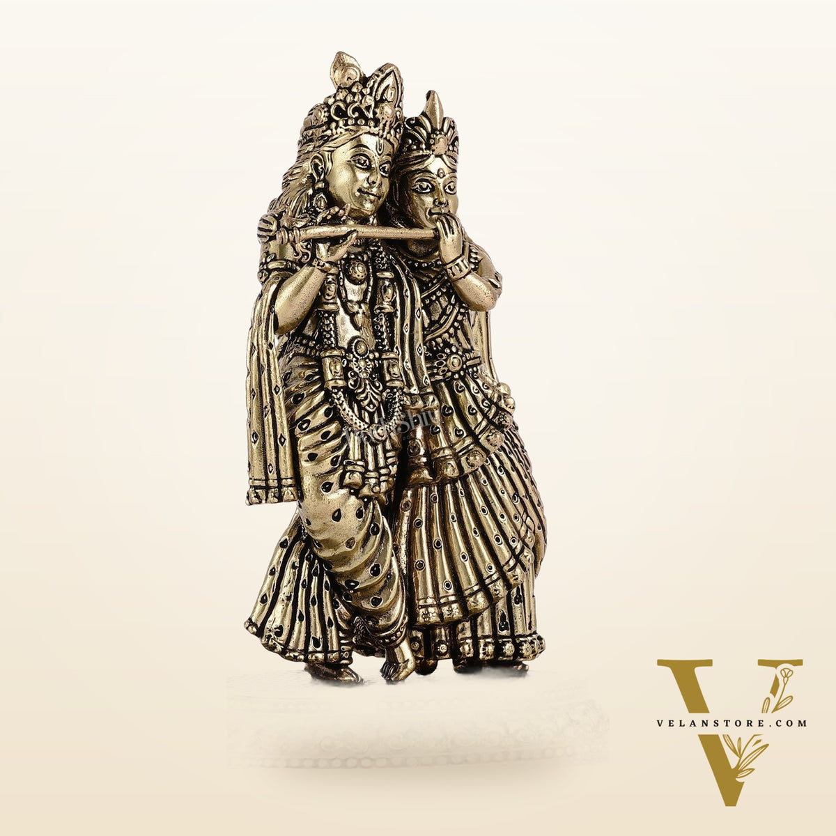 Intricate Lightweight Brass Radha Krishna Idol - 5"