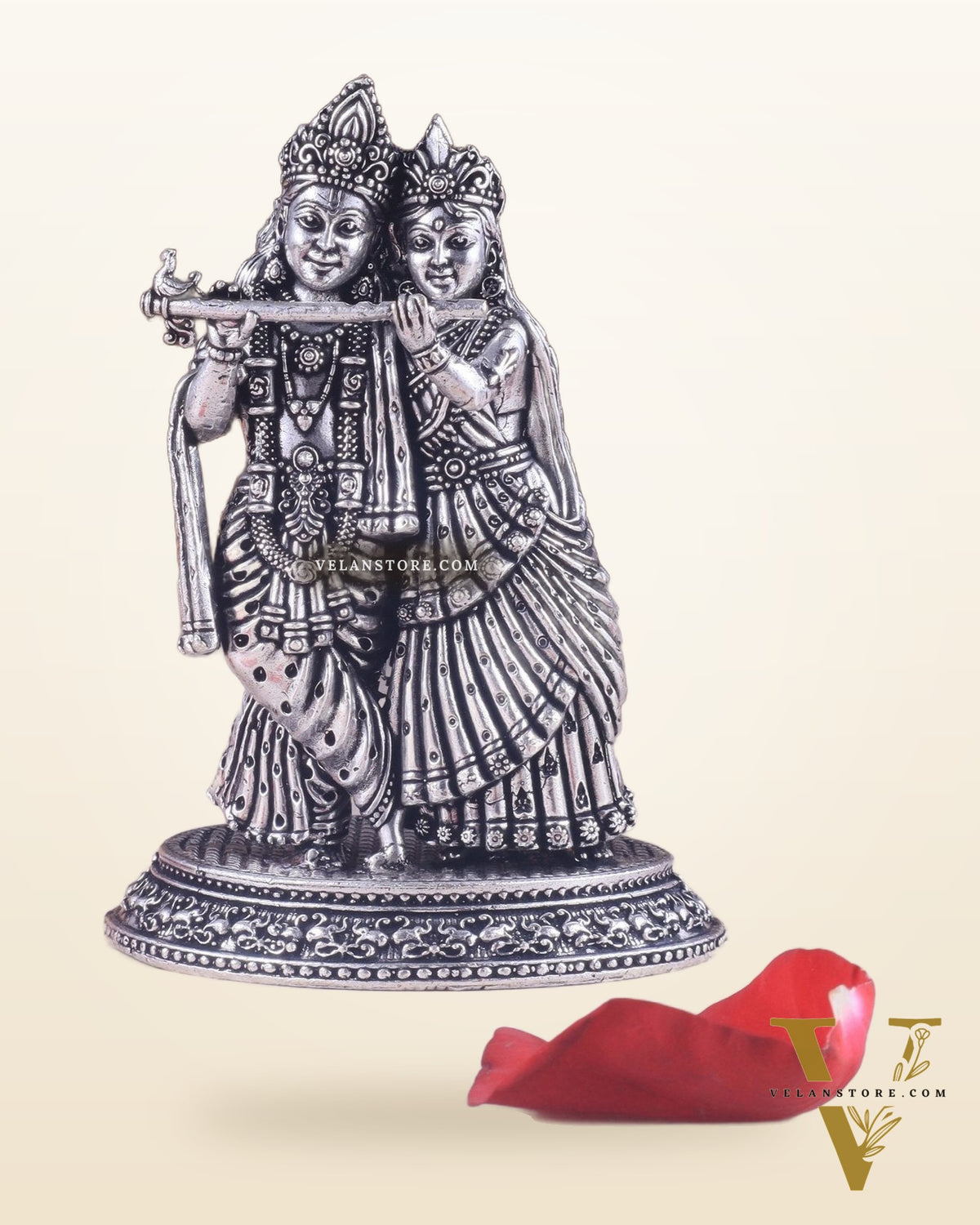 Intricate Lightweight Brass Radha Krishna Idol - 6" silver plated