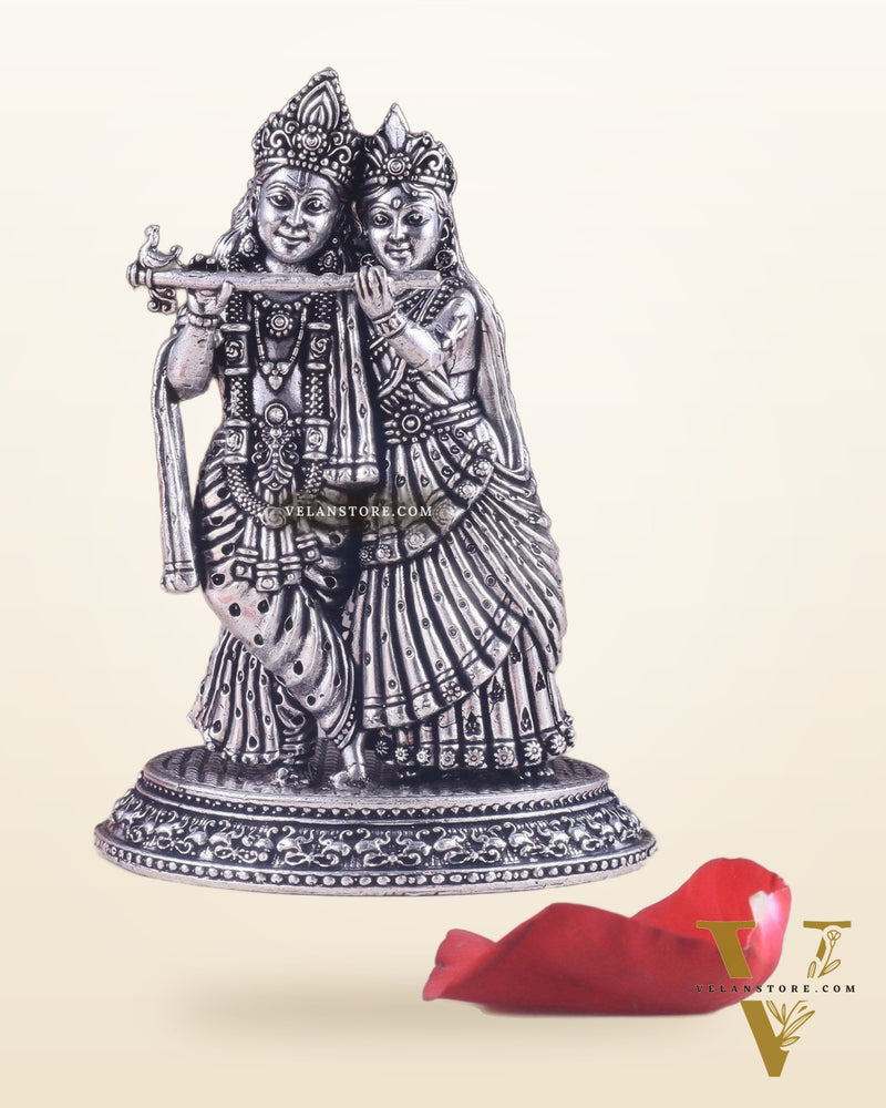 Intricate Lightweight Brass Radha Krishna Idol - 6" silver plated
