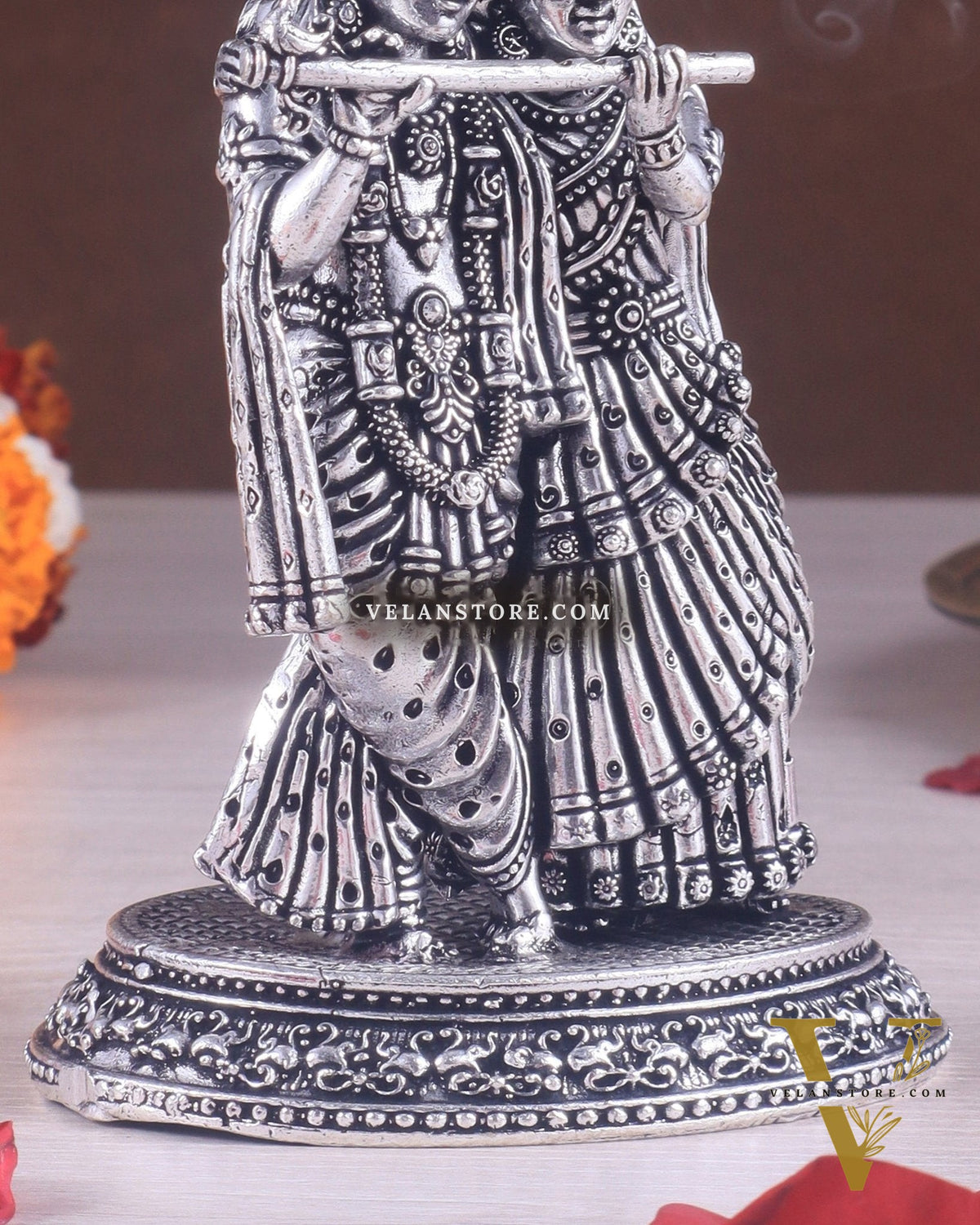 Intricate Lightweight Brass Radha Krishna Idol - 6" silver plated