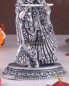 Intricate Lightweight Brass Radha Krishna Idol - 6" silver plated