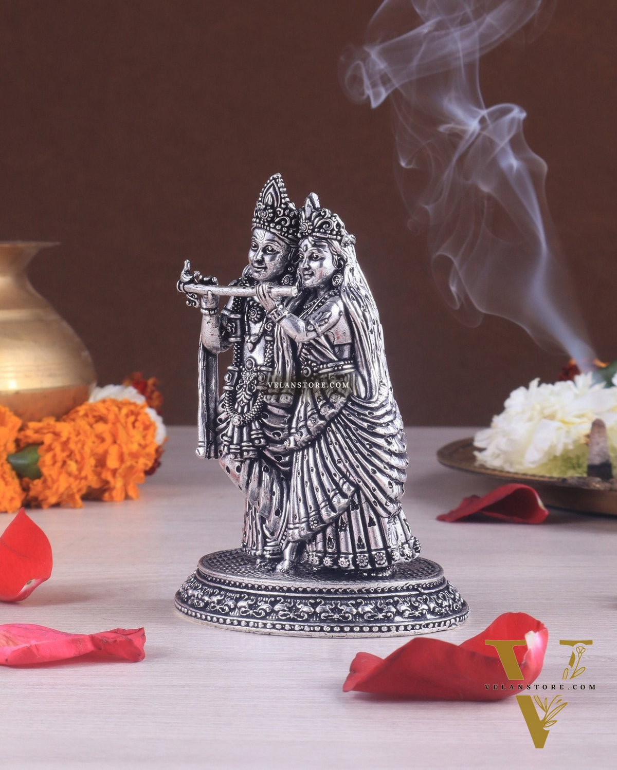 Intricate Lightweight Brass Radha Krishna Idol - 6" silver plated