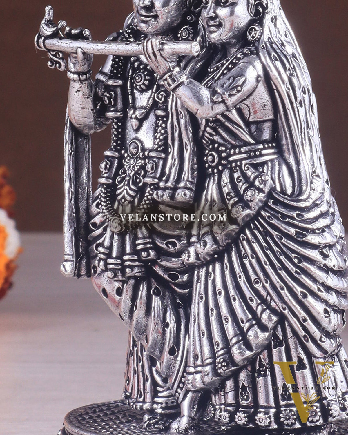 Intricate Lightweight Brass Radha Krishna Idol - 6" silver plated