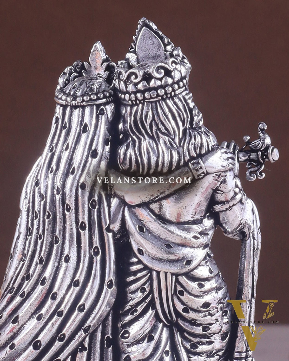 Intricate Lightweight Brass Radha Krishna Idol - 6" silver plated