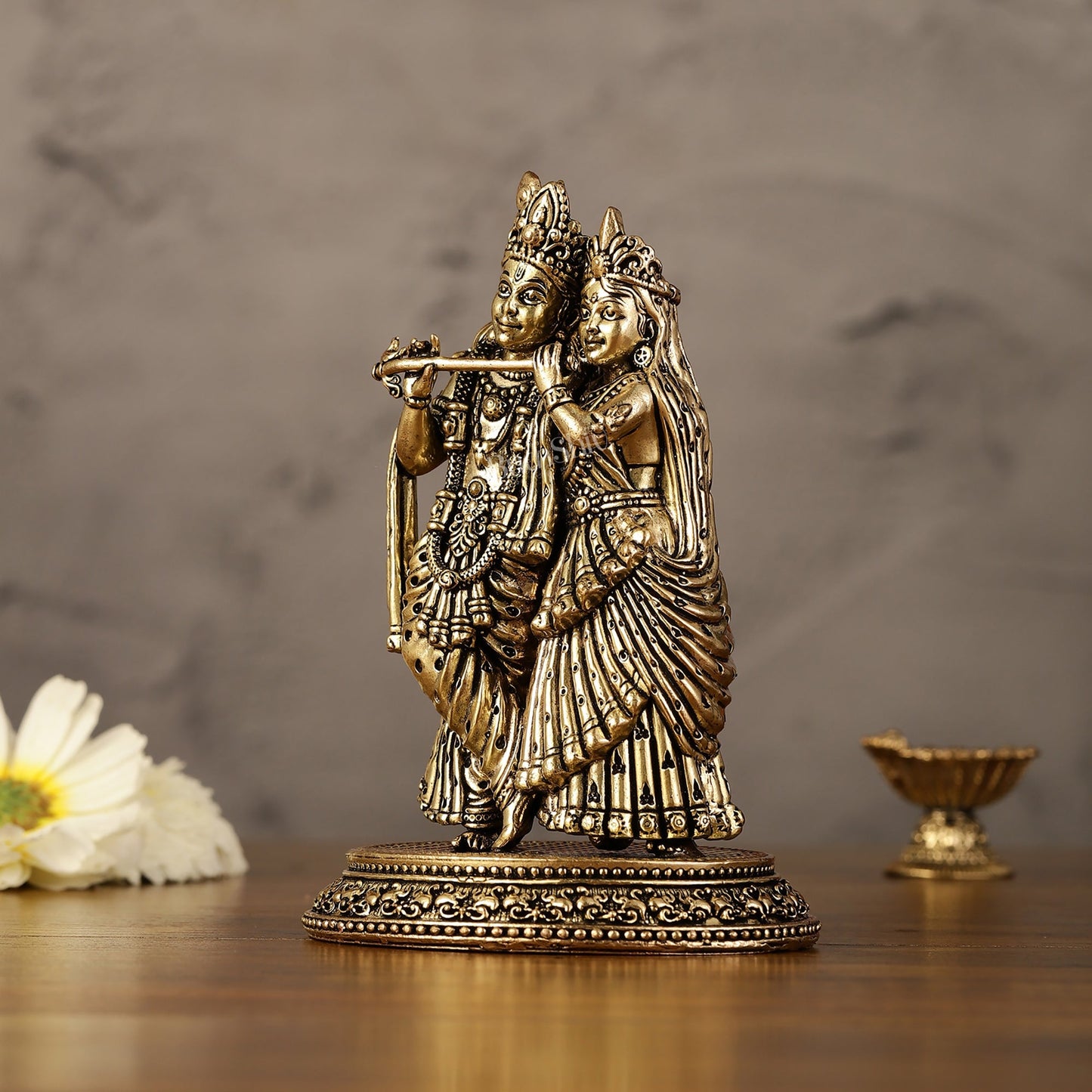 Intricate Lightweight Brass Radha Krishna Idol - 5"