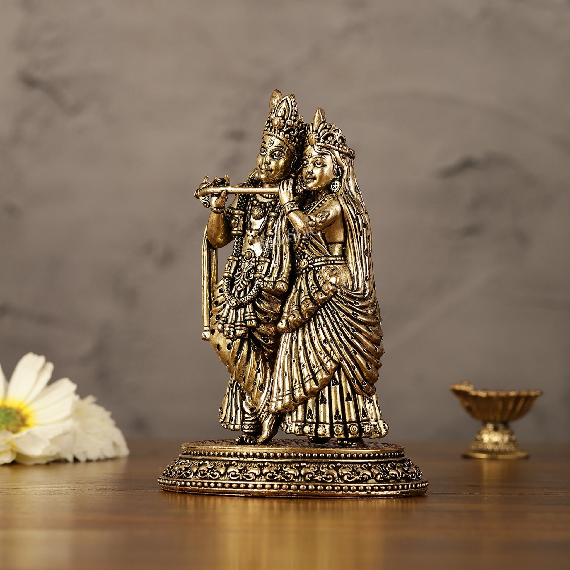 Intricate Lightweight Brass Radha Krishna Idol - 5"