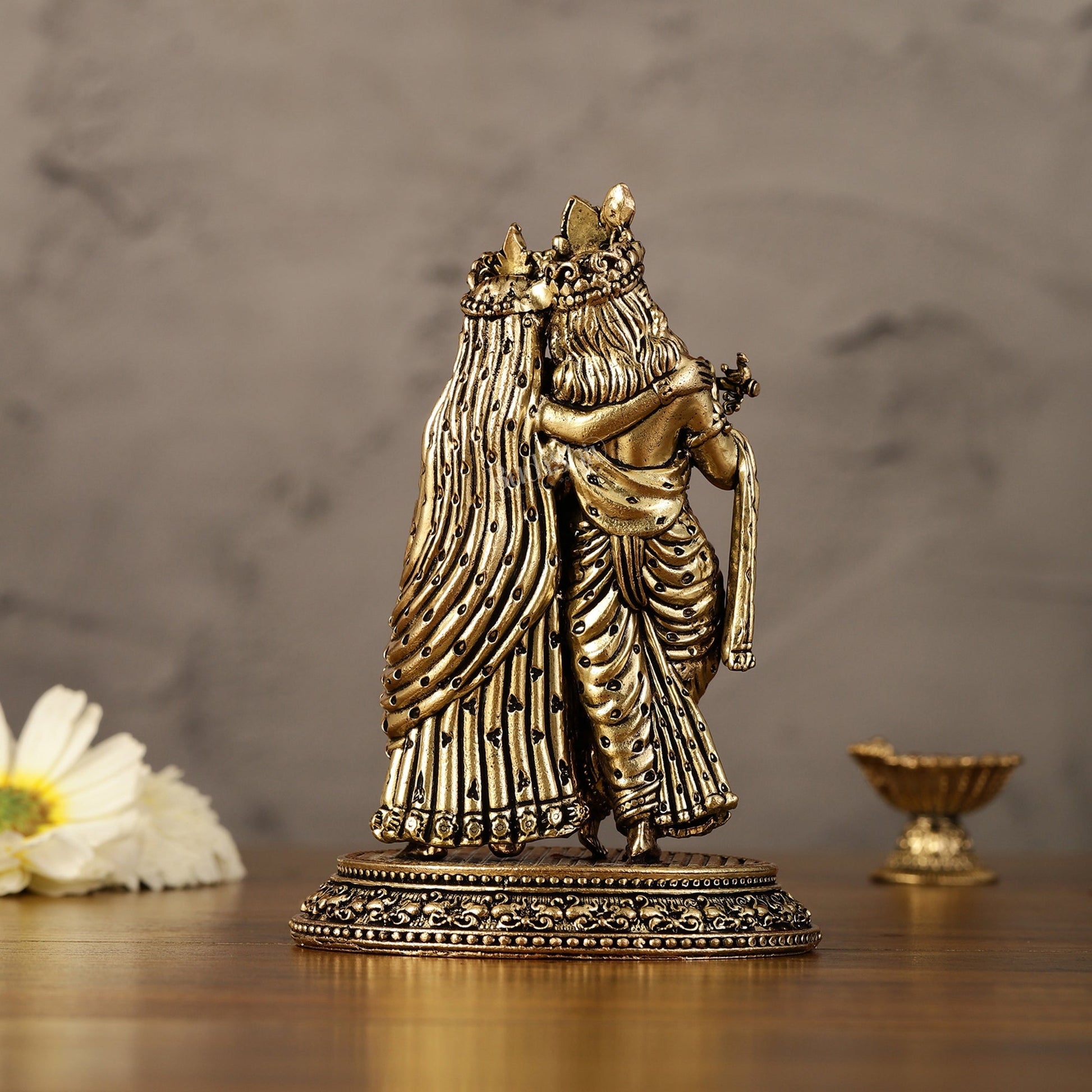 Intricate Lightweight Brass Radha Krishna Idol - 5"