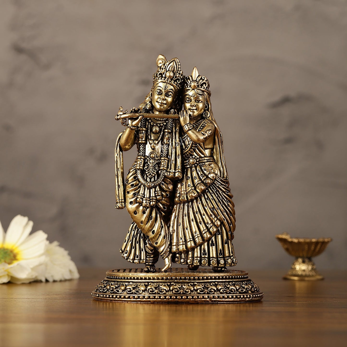 Intricate Lightweight Brass Radha Krishna Idol - 5"