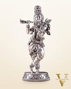 Intricate Pure Brass Lord Krishna Statue - 7.5" silver plated