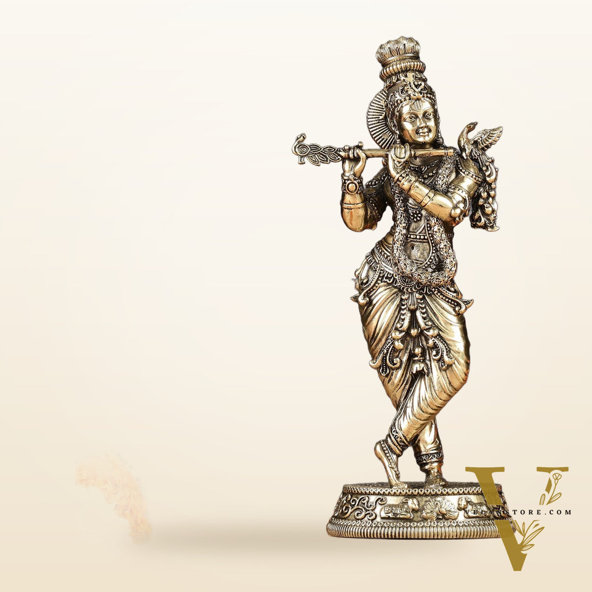 Intricate Pure Brass Lord Krishna Statue - 7.5"