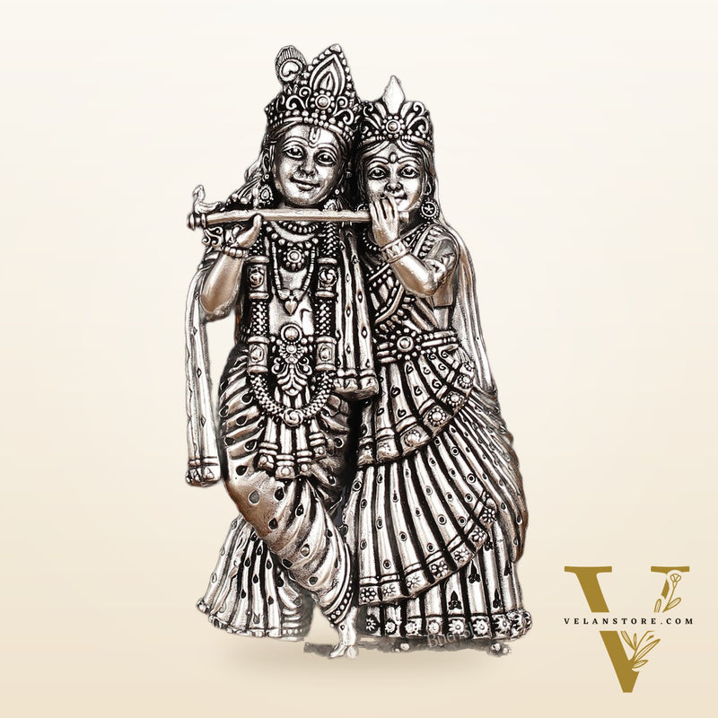 Intricate silver plated Lightweight Brass Radha Krishna Idol - 5"