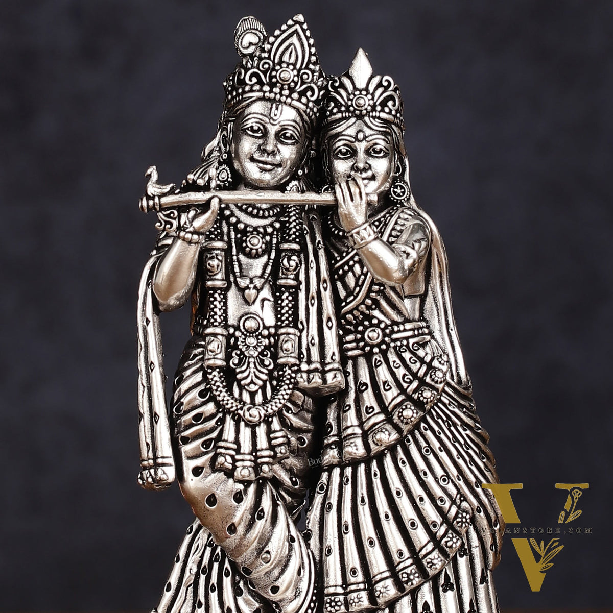 Intricate silver plated Lightweight Brass Radha Krishna Idol - 5"