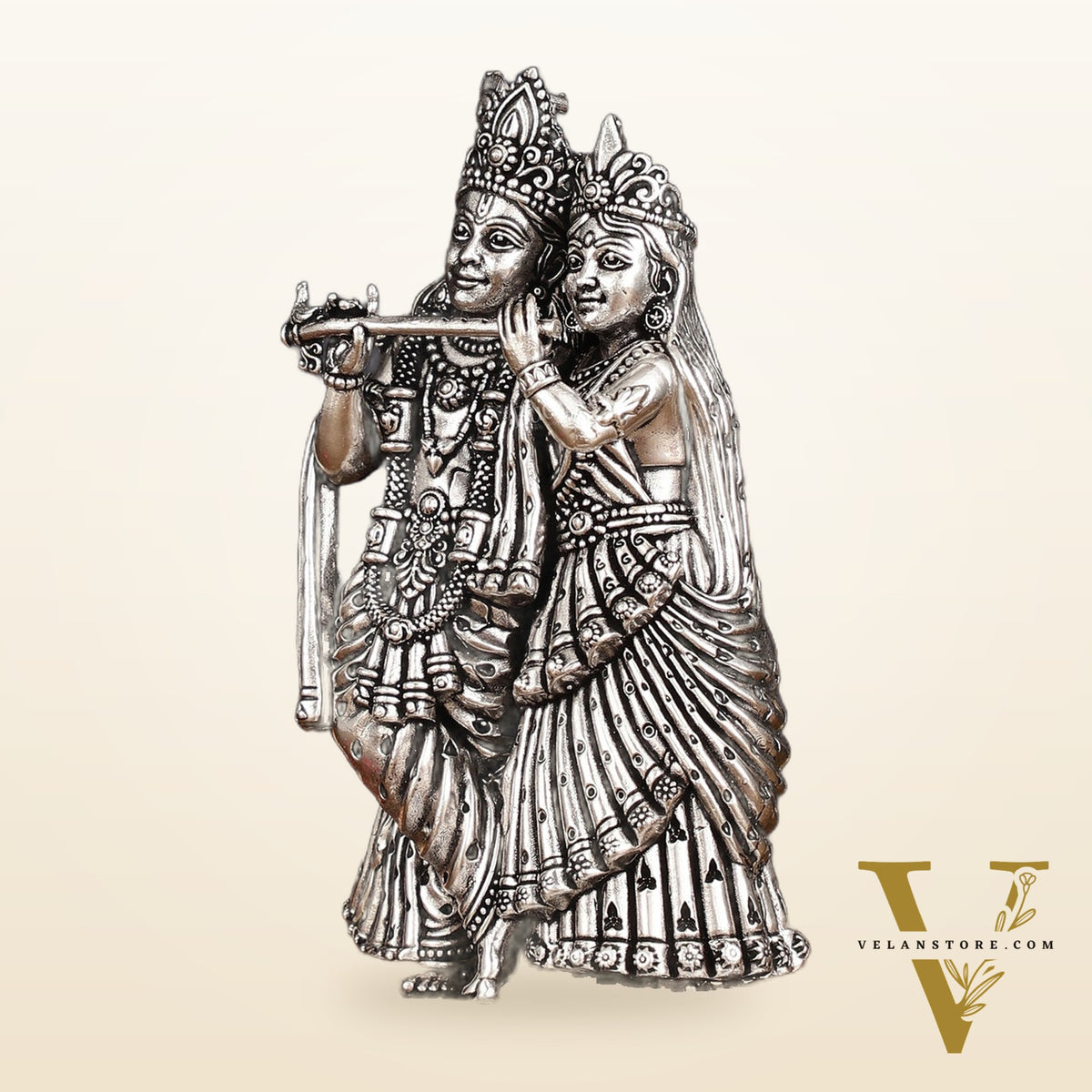 Intricate silver plated Lightweight Brass Radha Krishna Idol - 5"