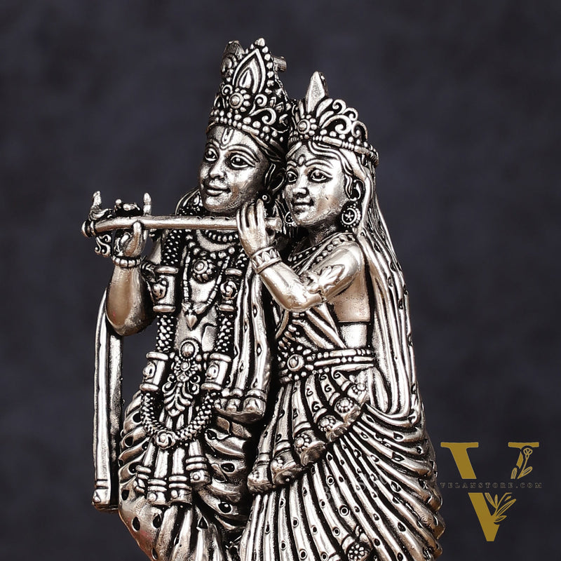 Intricate silver plated Lightweight Brass Radha Krishna Idol - 5"