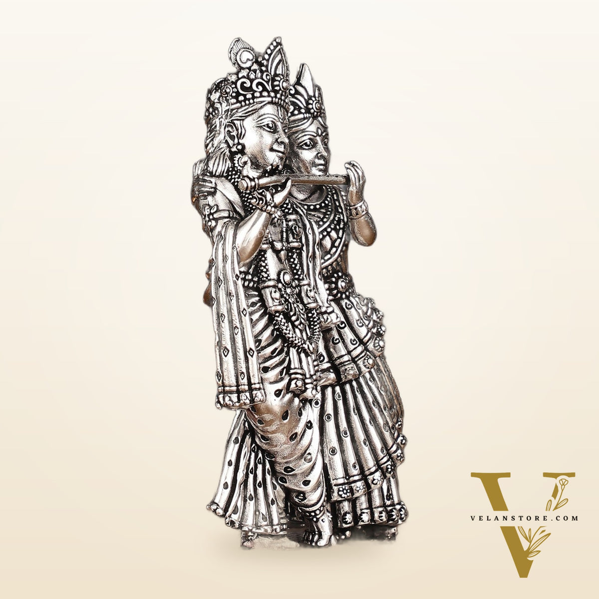 Intricate silver plated Lightweight Brass Radha Krishna Idol - 5"