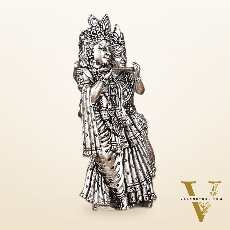Intricate silver plated Lightweight Brass Radha Krishna Idol - 5"