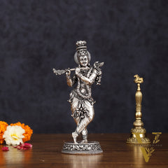 Intricate Silver plated Pure Brass Lord Krishna Statue - 7.5"