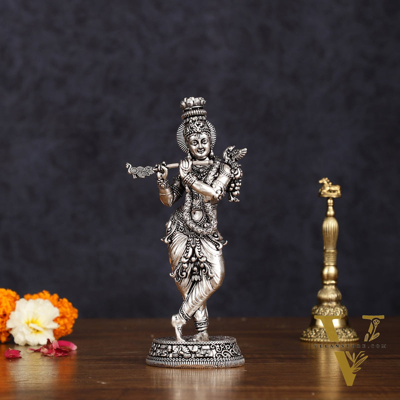 Intricate Silver plated Pure Brass Lord Krishna Statue - 7.5"