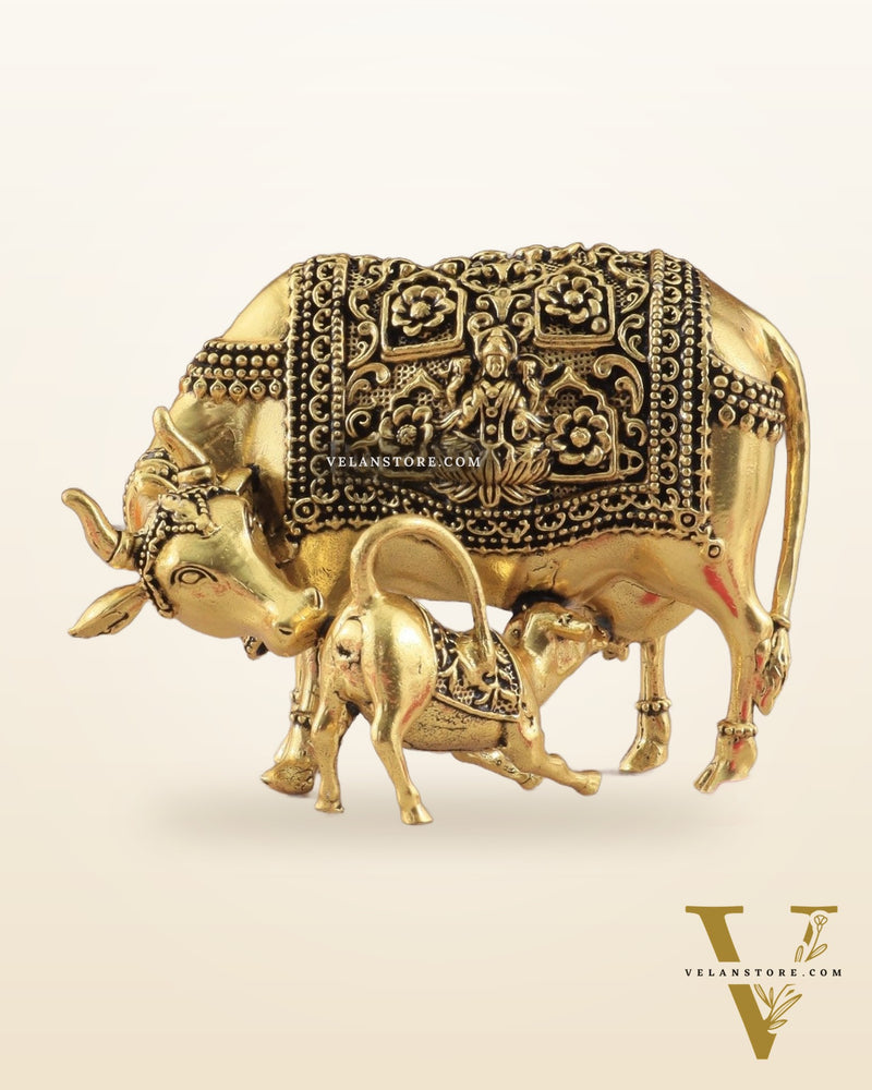 Intricate Small Brass Kamdhenu Cow with Calf Idol - 3.5" Tall golden tone