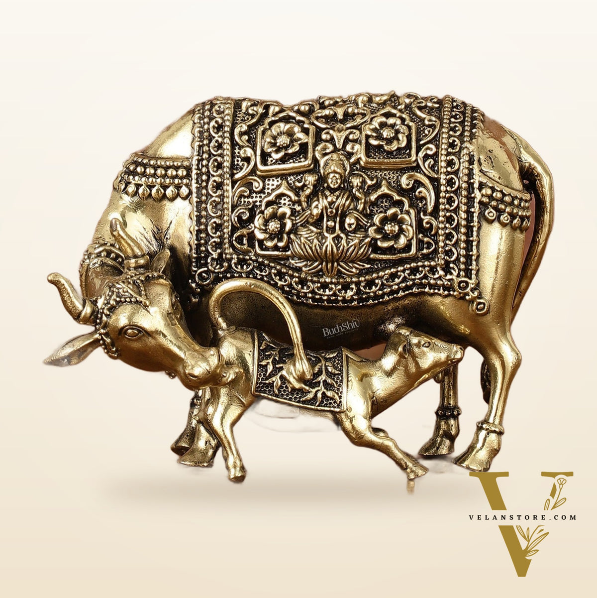 Intricate Small Brass Kamdhenu Cow with Calf Idol - 3.5" Tall
