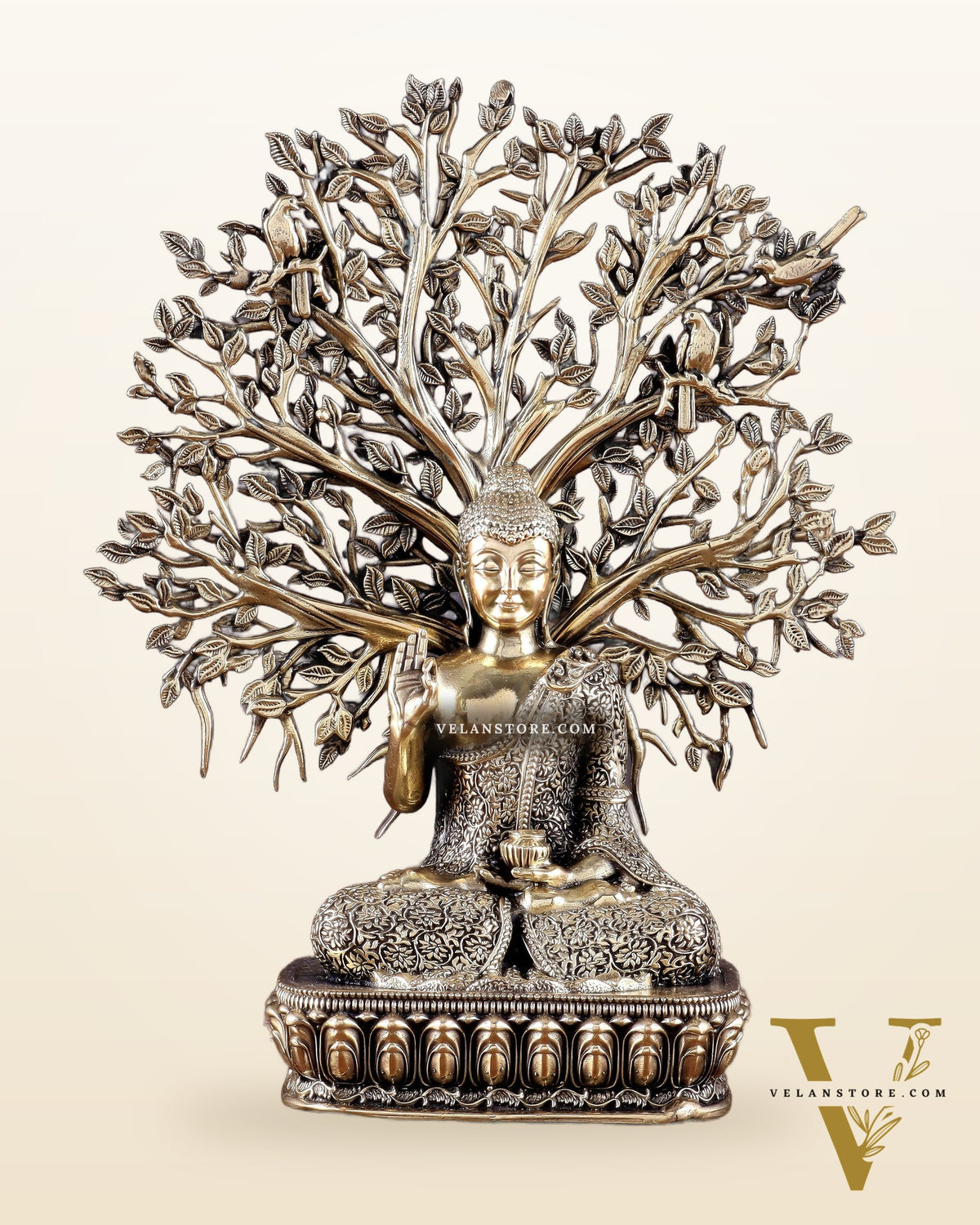 Intricate Superfine Brass Lord Buddha with Bodhi Tree Idol 6.5"