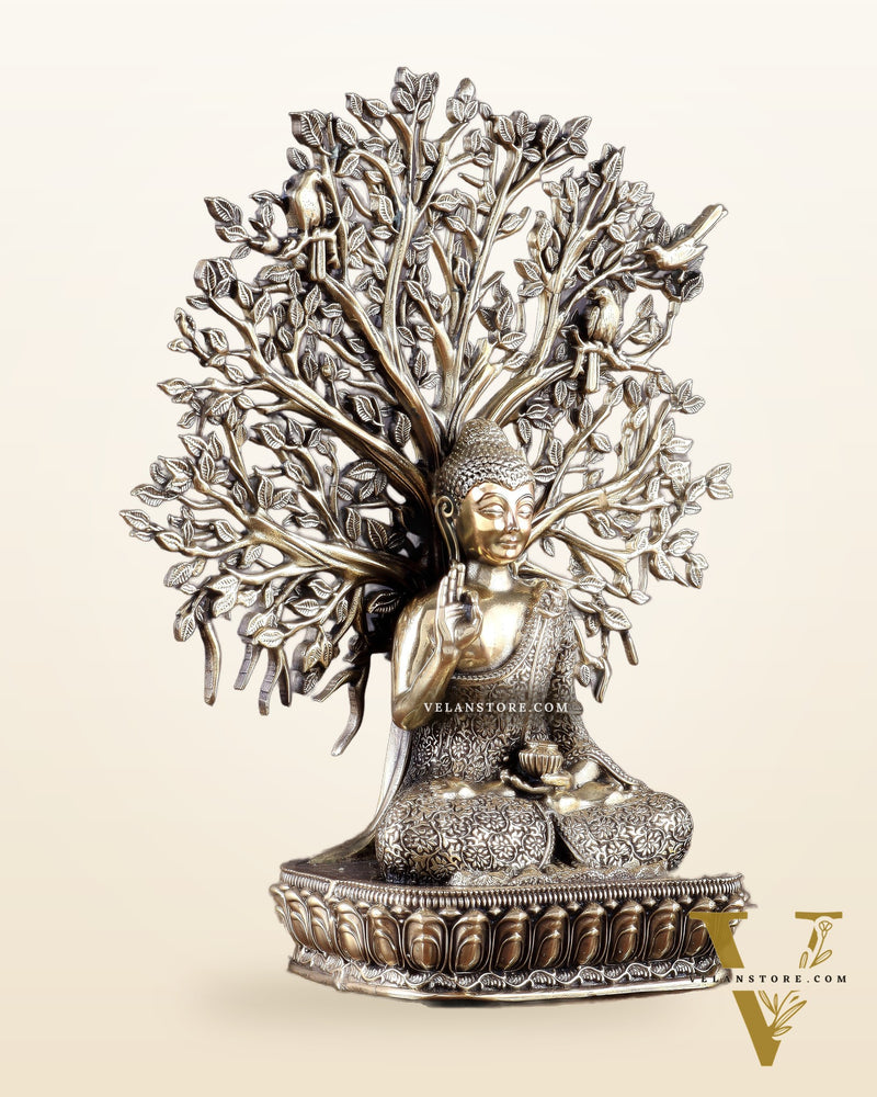 Intricate Superfine Brass Lord Buddha with Bodhi Tree Idol 6.5"