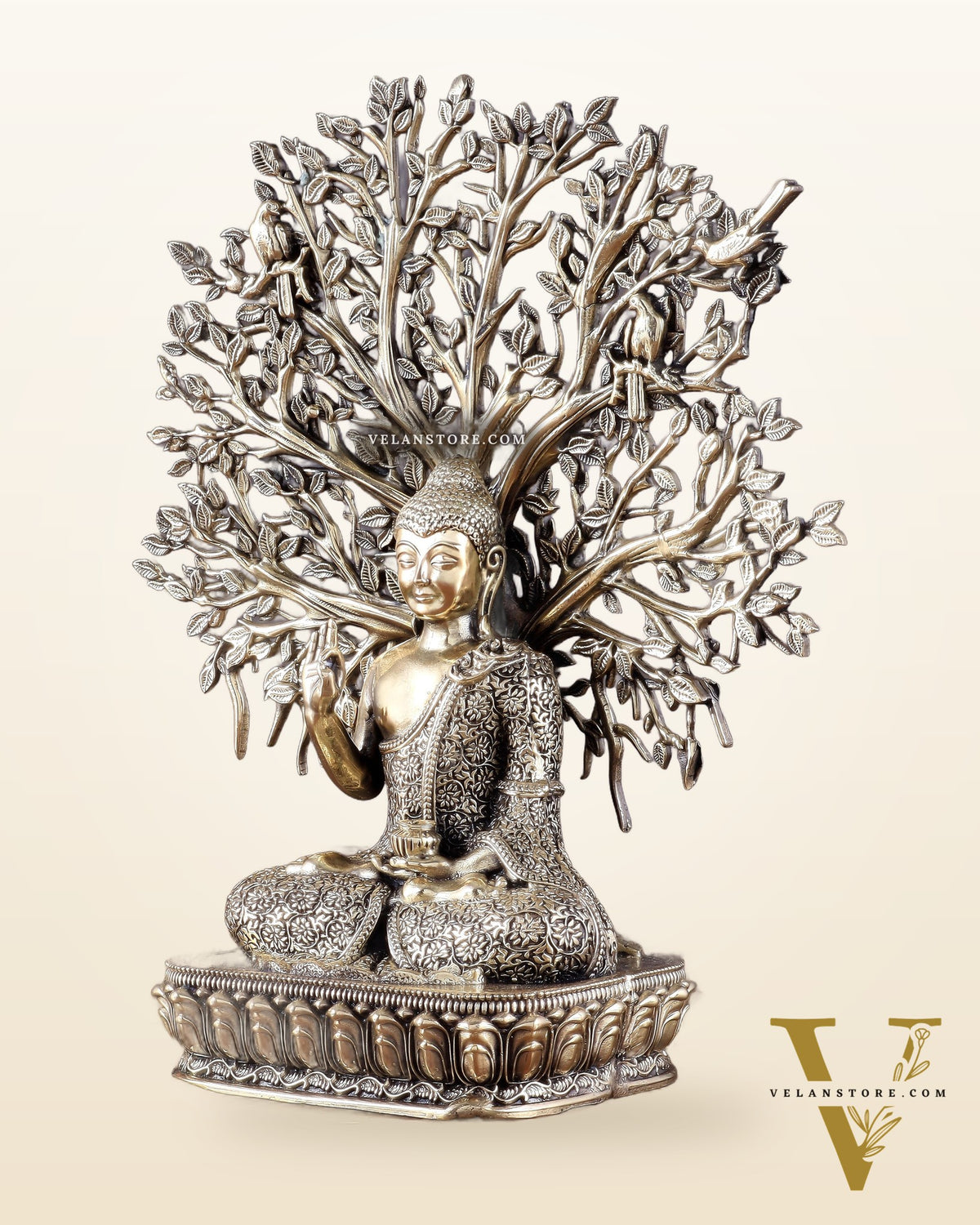 Intricate Superfine Brass Lord Buddha with Bodhi Tree Idol 6.5"