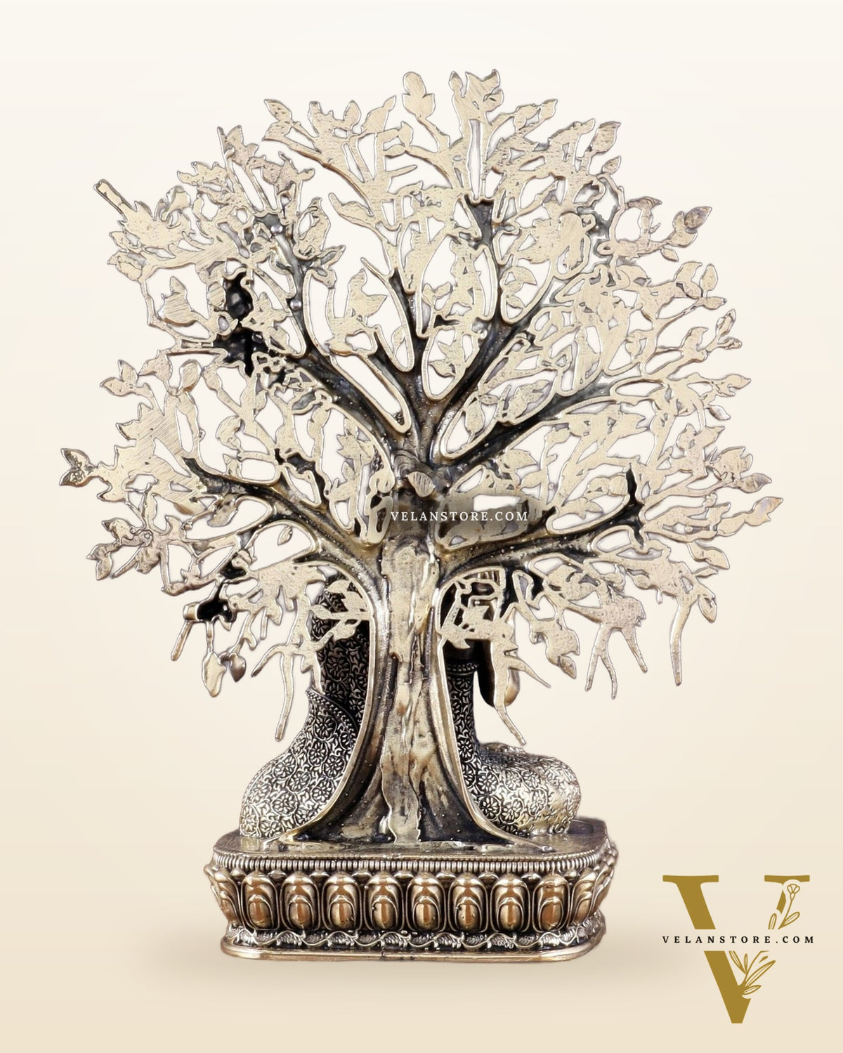 Intricate Superfine Brass Lord Buddha with Bodhi Tree Idol 6.5"