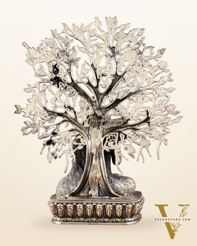 Intricate Superfine Brass Lord Buddha with Bodhi Tree Idol 6.5"