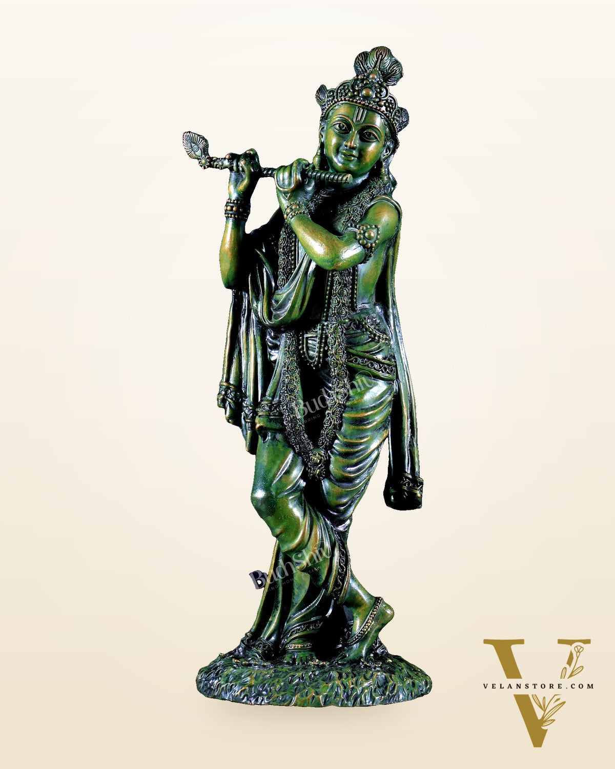 Intricate Superfine brass Lord Krishna in a green finish 10 inch