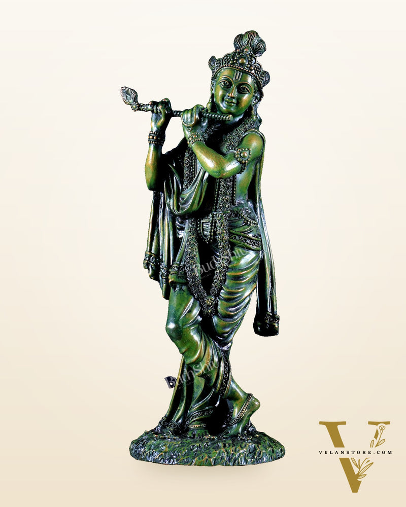 Intricate Superfine brass Lord Krishna in a green finish 10 inch