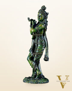 Intricate Superfine brass Lord Krishna in a green finish 10 inch
