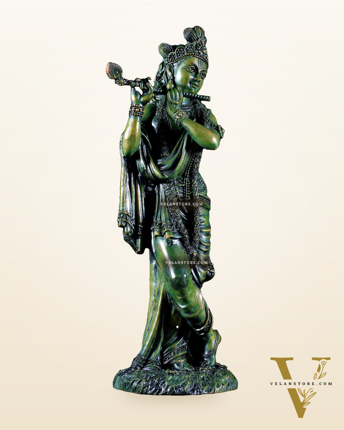 Intricate Superfine brass Lord Krishna in a green finish 10 inch