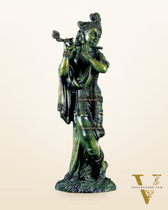 Intricate Superfine brass Lord Krishna in a green finish 10 inch