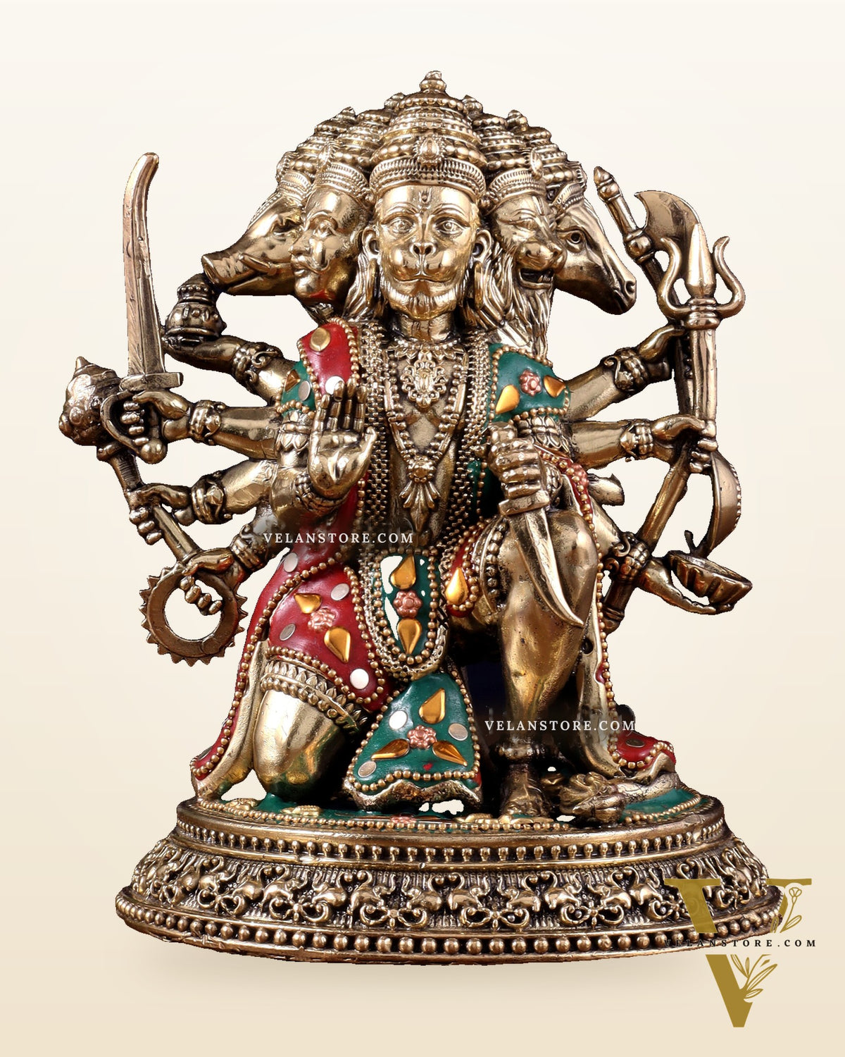 Intricate Superfine Brass Panchmukhi Hanuman Idol - 6" Tall meenakari