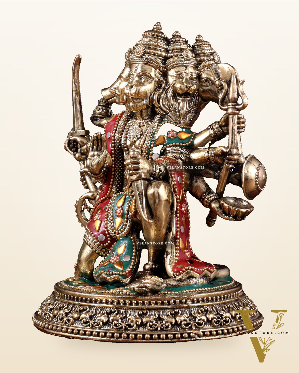 Intricate Superfine Brass Panchmukhi Hanuman Idol - 6" Tall meenakari