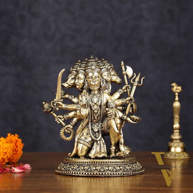 Intricate Superfine Brass Panchmukhi Hanuman Idol - 6" Tall