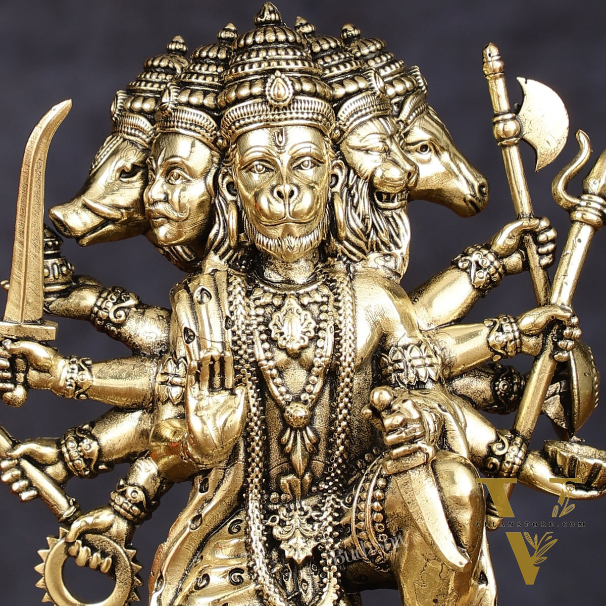 Intricate Superfine Brass Panchmukhi Hanuman Idol - 6" Tall