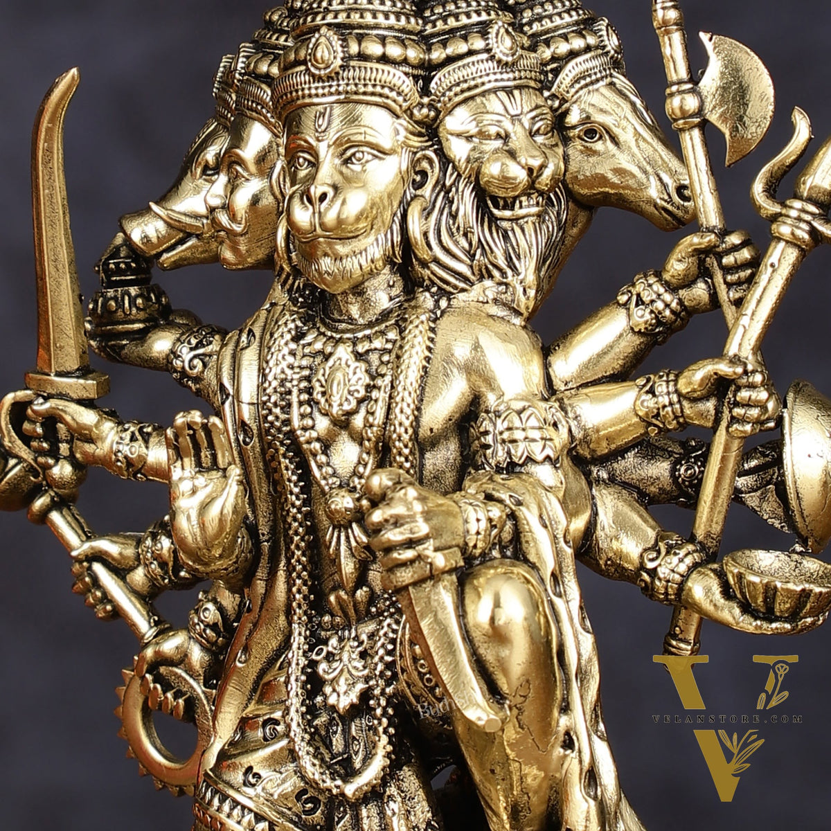 Intricate Superfine Brass Panchmukhi Hanuman Idol - 6" Tall