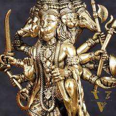 Intricate Superfine Brass Panchmukhi Hanuman Idol - 6" Tall