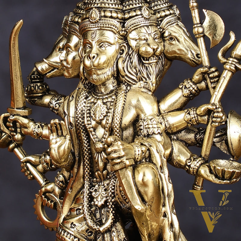 Intricate Superfine Brass Panchmukhi Hanuman Idol - 6" Tall