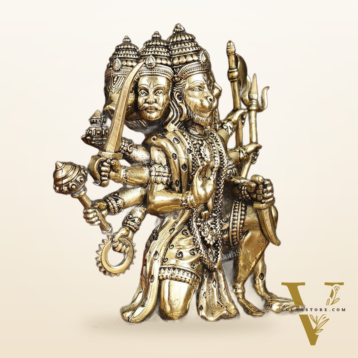 Intricate Superfine Brass Panchmukhi Hanuman Idol - 6" Tall