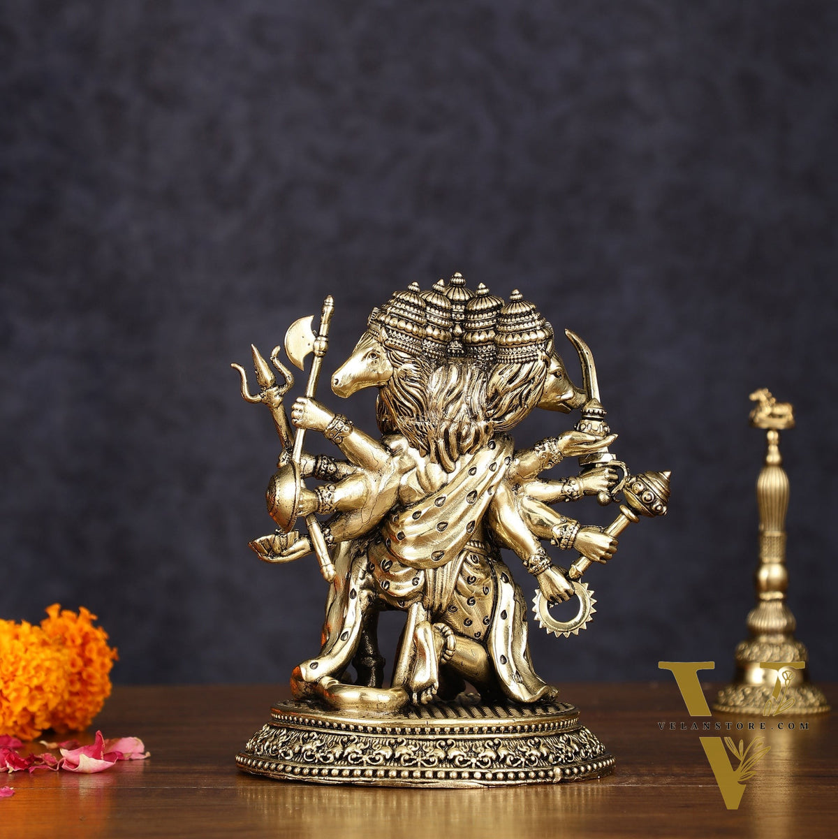 Intricate Superfine Brass Panchmukhi Hanuman Idol - 6" Tall