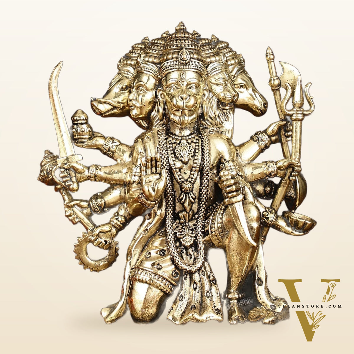 Intricate Superfine Brass Panchmukhi Hanuman Idol - 7" Tall